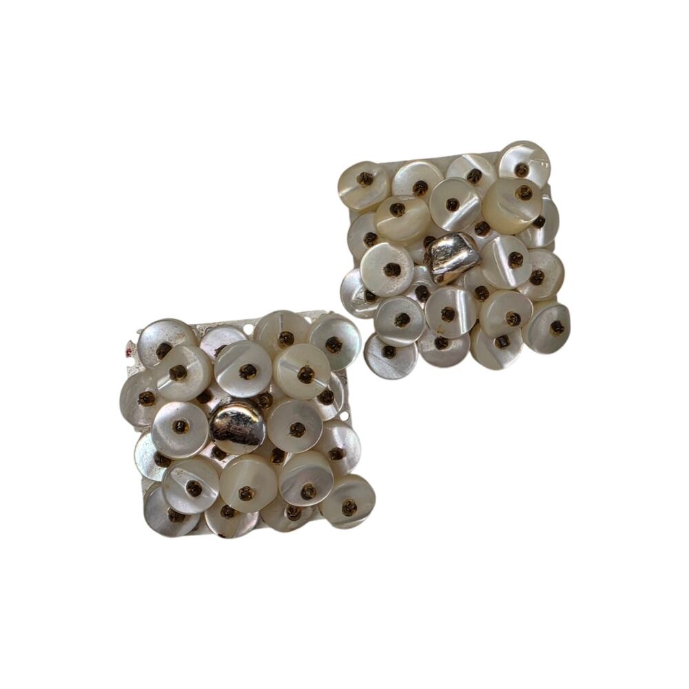Vintage Handcrafted Clip Earrings White Small Beads 1 Inch Square